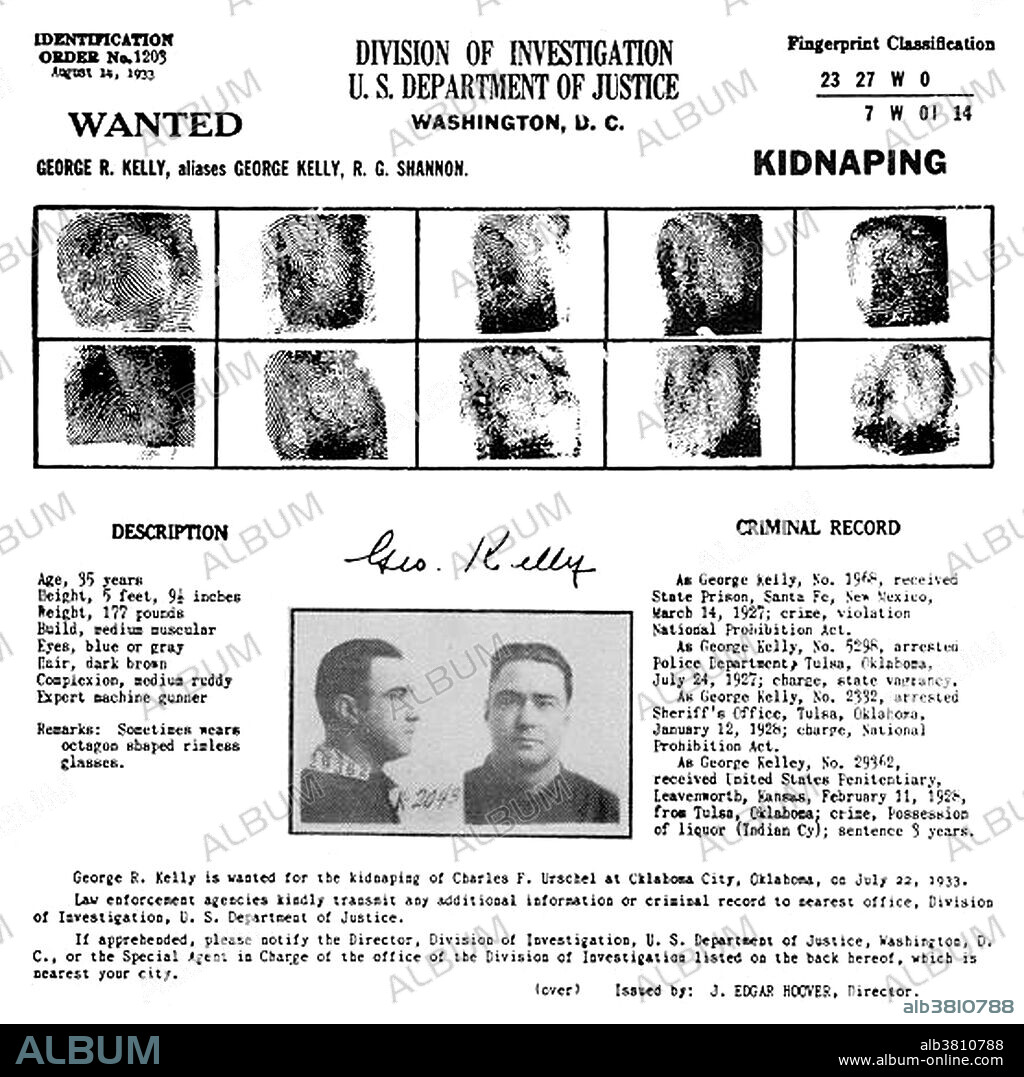 George Francis Barnes Jr. (July 18, 1895 - July 18, 1954), better known as "Machine Gun Kelly", was an American gangster. His nickname came from his favorite weapon, a Thompson submachine gun. During the Prohibition era he worked as a bootlegger but, after several run-ins with the local Memphis police, he decided to leave town and head west with his girlfriend. To protect his family and escape law enforcement officers, he changed his name to George R. Kelly. His most infamous crime was the kidnapping of oil tycoon and businessman Charles F. Urschel in July 1933 for which he, and his gang, collected a $200,000 ransom. Their victim had collected and left considerable evidence that assisted the subsequent FBI investigation that eventually led to Kelly's arrest in Memphis, Tennessee, on September 26, 1933. He spent his remaining 21 years in prison. During his time at Alcatraz he got the nickname "Pop Gun Kelly". He died of a heart attack at Leavenworth on his 59th birthday.