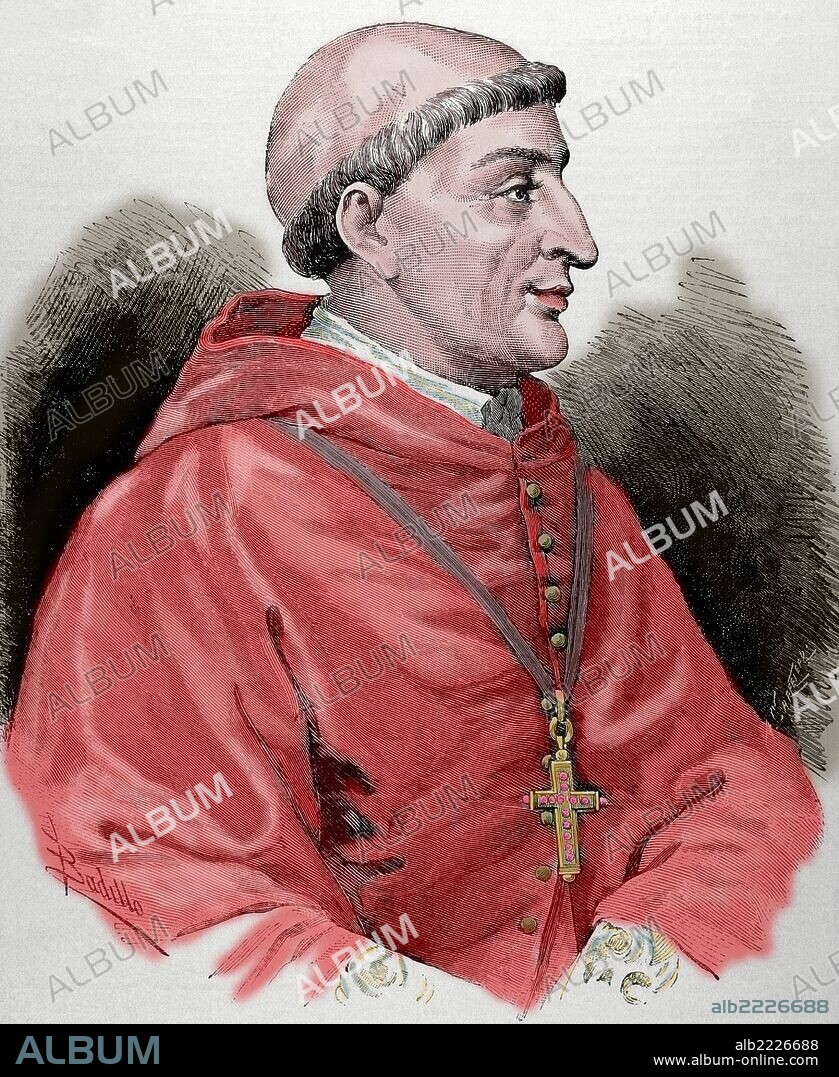 Francisco Jimenez de Cisneros (1436-1517). Cardenal, arzobispo de Toledo y primado de España, perteneciente a la Orden Franciscana. Tercer inquisidor general de Castilla y regente de la misma a la muerte de Fernando el Católico. Grabado por Carretero. Almanaque de "La Ilustración", 1887. Coloreado.