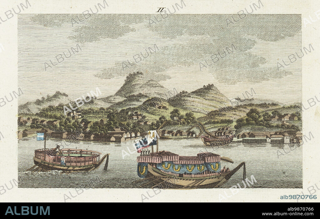 Russian Ambassador Nikolay Rezanov brought ashore to Nagasaki, Japan, from Captain Adam Johann von Krusenstern's ship Nadezhda, 1804. Daimyo Nabeshima of Hizen Province, supplied a luxury gozabune decorated with curtains, his own ensign and the Russian Imperial eagle standard. Handcoloured copperplate engraving from Carl Bertuch's Bilderbuch fur Kinder (Picture Book for Children), Weimar, 1810.