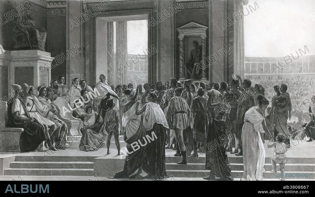 The epinikion is a genre of poetry also known as a victory ode. In ancient Greece, the epinikion most often took the form of a choral lyric, commissioned for and performed at the celebration of an athletic victory in the Panhellenic Games. Pindar (522 - 443 BC) was an Ancient Greek lyric poet from Thebes. Of the canonical nine lyric poets of ancient Greece, his work is the best preserved. Lyric verse was conventionally accompanied by music and dance, and Pindar himself wrote the music and choreographed the dances for his victory odes. Sometimes he trained the performers at his home in Thebes, and sometimes he trained them at the venue where they performed. Commissions took him to all parts of the Greek world - to the Panhellenic festivals in mainland Greece (Olympia, Delphi, Corinth and Nemea), westwards to Sicily, eastwards to the seaboard of Asia Minor, north to Macedonia and Abdera and south to Cyrene on the African coast. Pindar lived to about eighty years of age. He died around 440 BC while attending a festival at Argos. His ashes were taken back home to Thebes by his daughters, Eumetis and Protomache. No artist credited, engraving from the original painting by Sciuti.