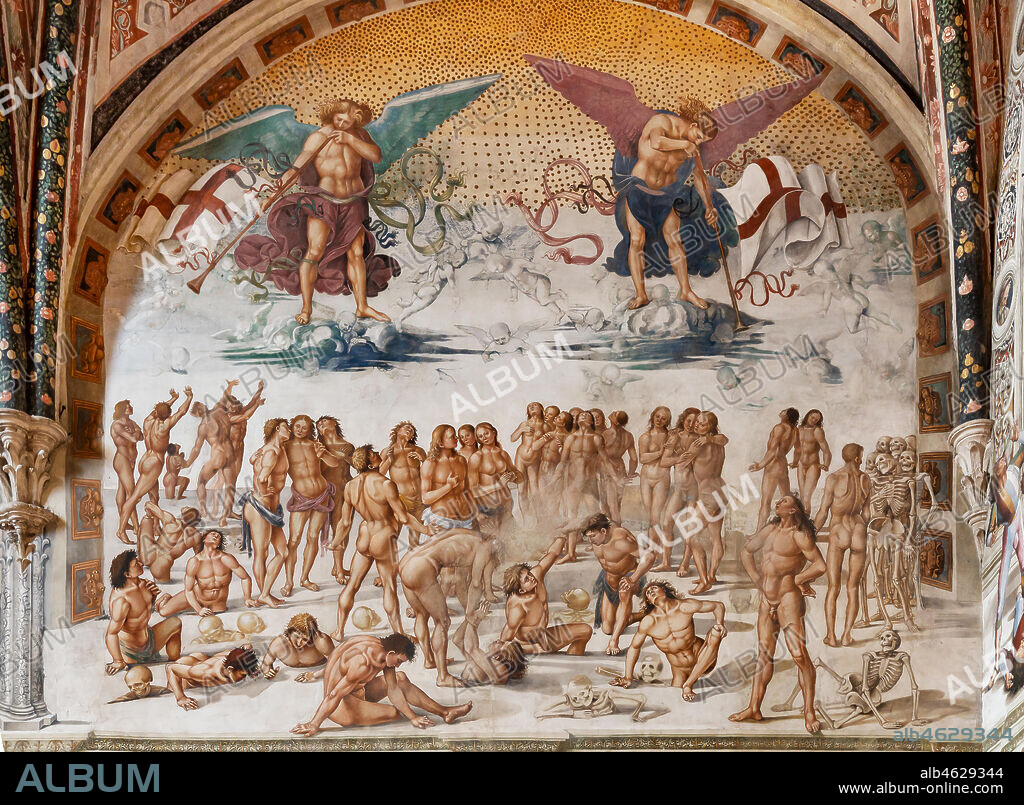 Orvieto, Basilica Cathedral of Santa Maria Assunta (or Duomo), the interior, Chapel Nova or St. Brizio Chapel, lunette of the east wall: "Resurrection of the flesh", fresco by Luca Signorelli, (1500 - 1502).