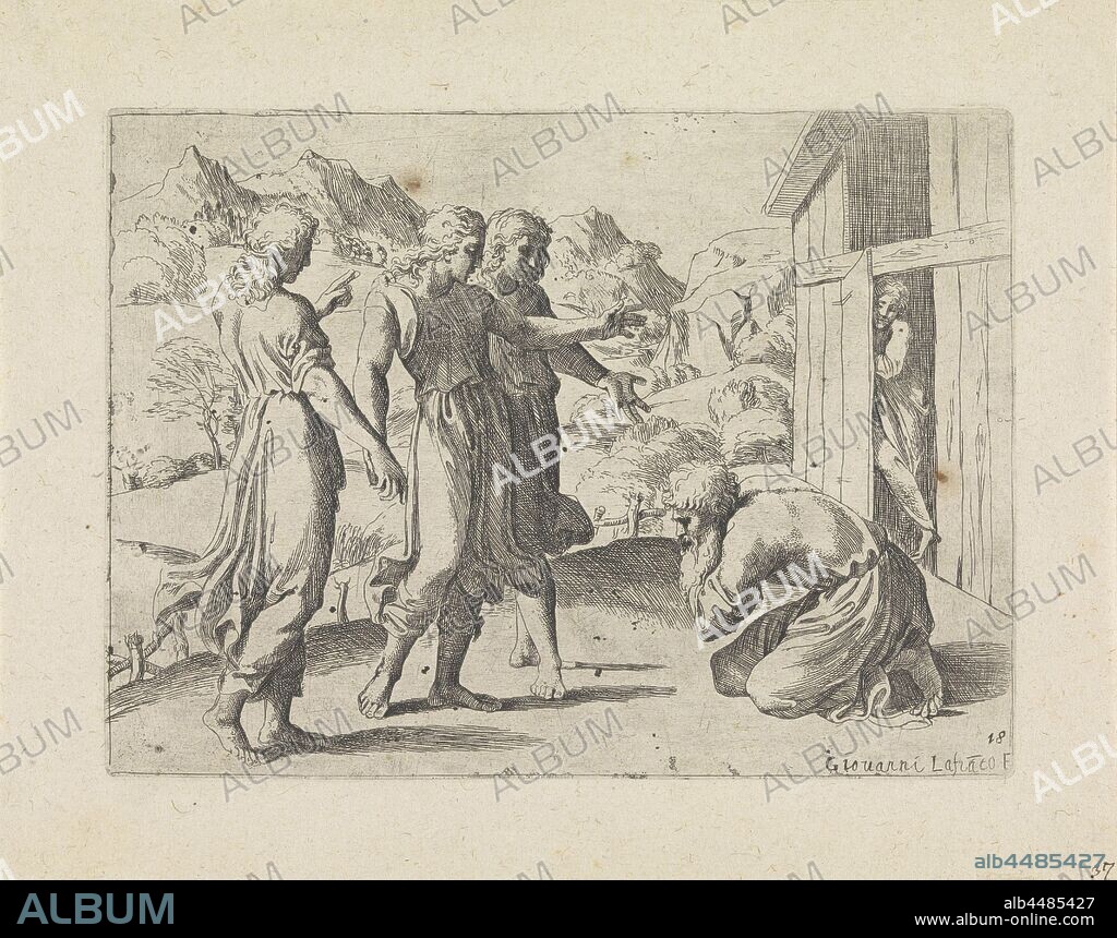 Abraham welcomes the three angels, Biblical scenes (series title), Historia del Testamento Vecchio / Dipinta in Roma nel Vaticano da Raffaelle di Urbin (...) (series title), Giovanni Lanfranco (mentioned on object), Italy, 1607, paper, etching, h 131 mm × w 179 mm.