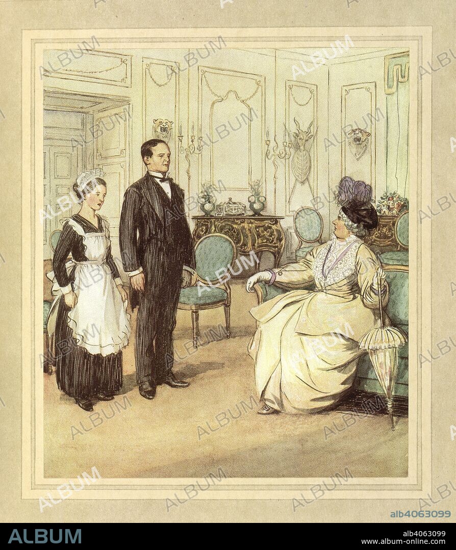 SIR JAMES MATTHEW BARRIE and HUGH THOMSON. The butler and a maid in front of a lady of the house. The Admirable Crichton ... Illustrated by Hugh Thomson. Hodder & Stoughton: London, [1914.]. Source: K.T.C.102.b.3, page 224. Language: English.