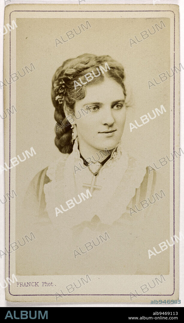 Portrait of Boduin or Boudin (actress at the Folies Marigny theatre), Franck (François Gobinet de Villechole, dit), Photographer, Between 1860 and 1890, 2nd half of the 19th century, Photography, Graphic arts, Photography, Albumen paper print, Dimensions - Work: Height: 9.1 cm, Width: 5.4 cm, Dimensions: Height: 10.5 cm, Width: 6.2 cm.