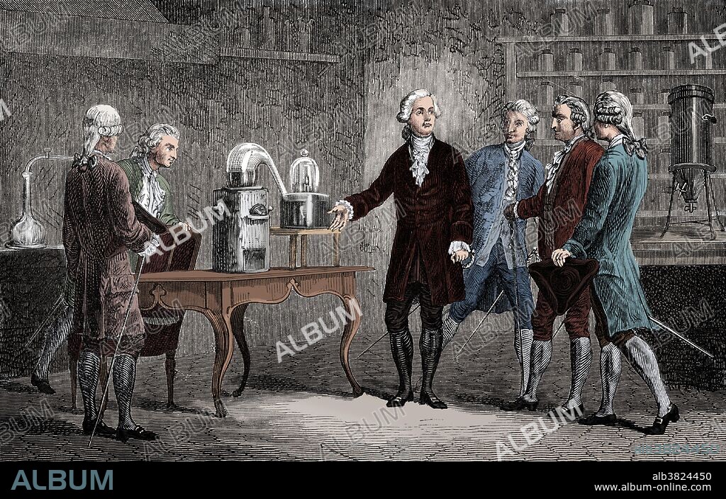 Lavoisier showing fellow scientists his experiment which revealed the composition of air, 1776. Antoine-Laurent Lavoisier (August 26, 1743 - May 8, 1794) was a French chemist who is considered the founder of modern chemistry for changing the science from a qualitative to a quantitative one. He recognized and named oxygen and hydrogen, and opposed the phlogiston theory. He helped construct the metric system, wrote the first extensive list of elements, and helped to reform chemical nomenclature. He was the first to establish that sulfur was an element (1777) rather than a compound. He discovered that, although matter may change its form or shape, its mass always remains the same. His book Methods of Chemical Nomenclature of 1787 set the method of naming substances by their composition of elements, which is still used today. He was branded a traitor by the Convention under Maximilien de Robespierre during the Reign of Terror. He was tried, convicted, and guillotined on May 8, 1794, at the age of 50. A year and a half after his death, Lavoisier was exonerated by the French government. When his private belongings were delivered to his widow, a brief note was included, reading "To the widow of Lavoisier, who was falsely convicted". Engraving from "Vies des savants illustres" by Louis Figuier.
