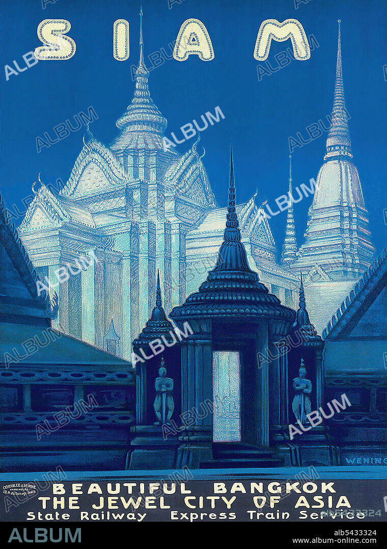 Thailand: Vintage travel advertising poster for 'Beautiful Bangkok', Thai State Railways, c. 1930s.