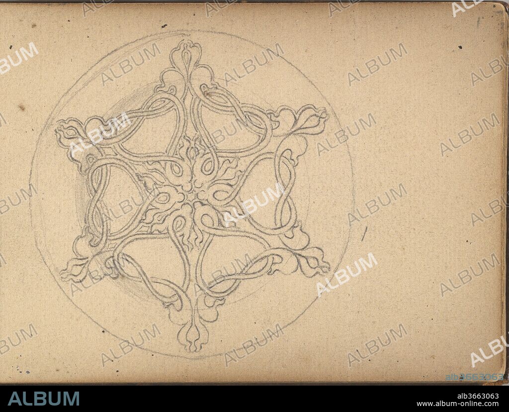 Star-shaped Ornament for a Brooch or Pendant. Artist: Edgar Gilstrap Simpson (British, 1867-1945 (presumed)). Dimensions: sheet: 3 1/2 x 5 in. (8.9 x 12.7 cm). Date: 1899.
Star-shaped ornament, placed in a circle. The six-pointed star is made up out of organically flowing lines which interlace and connect the six points. The design appears to be suited for a brooch or pendant.