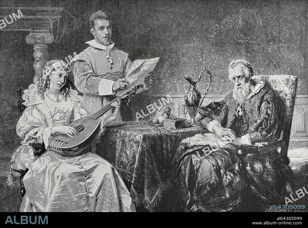 RICHARD BREND'AMOUR (1831-1915). GERMAN XYLOGRAPH.. De muziekles (The music lesson). Engraving by Brend'amour (1831-1915) after the painting by the Belgian painter Pierre Jean Van der Ouderaa (1841-1915). La Ilustración Española y Americana (The Spanish and American Illustration), 1883.