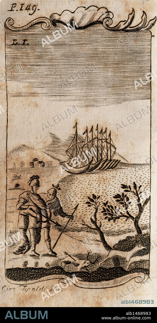 LITERATURA LATINA. S. I. VIRGILIO MARON, Publio (70 a. C. -19 d. C.) "ENEIDA". Poema épico en doce cantos. Grabado con la representación de "ENEAS CON SU HIJO ASCANIO. EN UNA CACERIA, EL HIJO MATA SIN DARSE CUENTA A UNA CIERVA SAGRADA MIENTRAS LAS NAVES TROYANAS SON ARREGLADAS EN LA COSTA DESPUES DE UNA TORMENTA. Edición de París del año 1729.