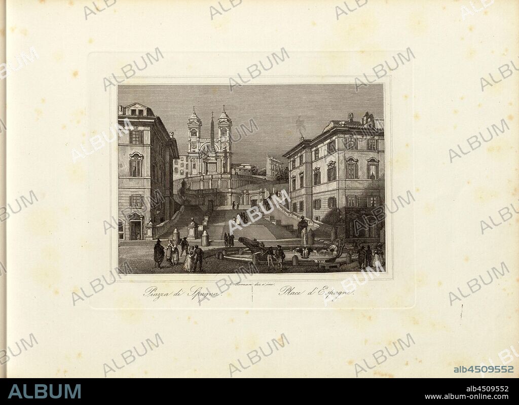 Piazza di Spagna, Piazza di Spagna in Rome, signed: A. Fornari dis., e inc, Taf. 12, Fornari, A. (dis. e inc.), Gaetano Cottafavi, Gabriele Fontana, D. Amici, P. Parboni, A. Fornari, S. Bossi, Salvatore Busuttil: Souvenirs de Rome. [nicht ermittelbar]: [nicht ermittelbar], [1800].