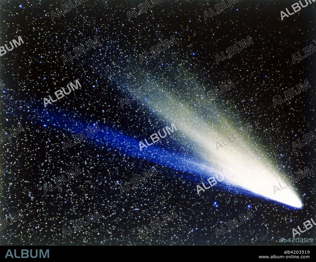 Comet West near the Sun, 1976. Comet West was described as one of the brightest objects to pass through the inner solar system in 1976. The ion tale of a comet usually appears more blue and always points away from the Sun.  The nucleus was seen by astronomers to split into four fragments. This was, at the time, one of very few comet breakups observed.