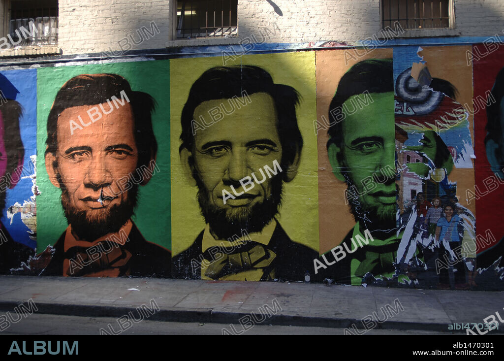 Cartel con la imagen del Presidente de los Estados Unidos Barack Obama como A. Lincoln. San Francisco. Estado de California. Estados Unidos.