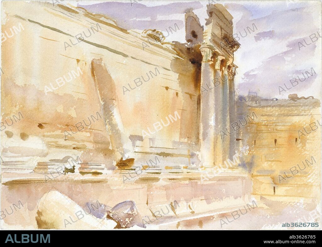 Temple of Bacchus, Baalbek. Artist: John Singer Sargent (American, Florence 1856-1925 London). Dimensions: 10 x 14 in. (25.4 x 35.6 cm). Date: 1906.
The peripatetic Sargent made his second trip to the Middle East in 1905-6 to conduct research for a mural commission for the Boston Public Library. While traveling, he often captured the sights and scenery in watercolor. At the acropolis of the ancient city of Baalbek (Lebanon), Sargent painted a series of watercolors focusing on the effect of warm Mediterranean sunlight on stone using a pastel palette. Here he depicts the Temple of Bacchus, with its distinctive leaning column fragment.