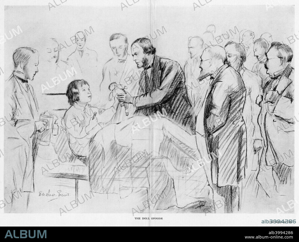 Joseph Lister, English surgeon, on his ward round in Glasgow Royal Infirmary, c1867 (1927). A pioneer of antiseptic surgery, Lister (1827-1912) was able to announce in 1867 that his wards had been clear of sepsis for 9 months. On the left an assistant holds Lister's steam spray which produced a spray of carbolic acid (phenol) laden steam. The patient is handing Lister her broken doll and he sewed its leg back on for her.