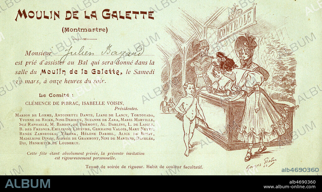 Invitation a un bal donne au Moulin de la Galette vers 1908. Illustration par Georges REDON (1869-1943). Credit : Collection IM/KHARBINE-TAPABOR.