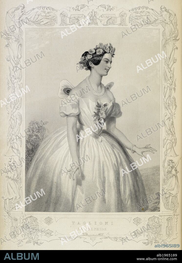 C HEATH und W. H. MOTE. Portrait of Maria Taglioni, ballet dancer, dressed for her performance in 'La Sylphide'. Beauties of the Opera and Ballet. London, 1845. Black and white plate. Source: 1344.n.40, opposite page 81. Language: English.
