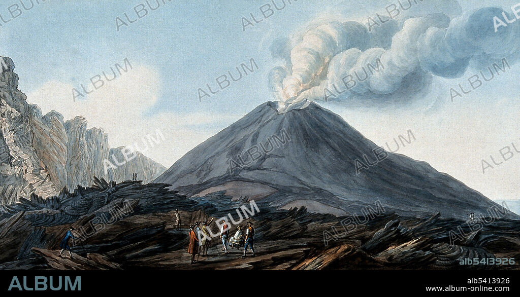 The valley Atrio di Cavallo between Vesuvius and Somma, showing smoke emerging from Vesuvius before eruption. Mount Vesuvius is a stratovolcano in the Gulf of Naples, Italy, best known for its eruption in 79 AD that led to the burying and destruction of the Roman cities of Pompeii and Herculaneum. Since then Vesuvius has erupted around three dozen times. The volcano became quiescent at the end of the 13th century and in the following years it again became covered with gardens and vineyards as of old. Even the inside of the crater was filled with shrubbery. Vesuvius entered a new phase in December 1631, when a major eruption buried many villages under lava flows, killing around 3,000 people. The last major eruption occurred in 1944. Colored etching by Pietro Fabris, 1776.