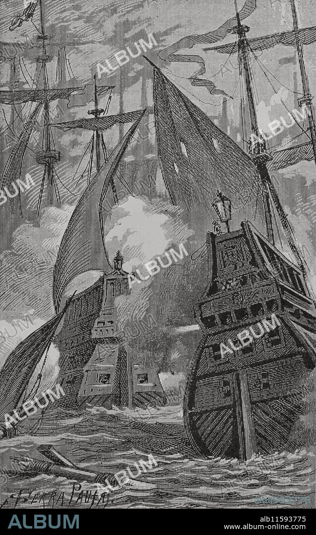 JOAN SERRA PAUSAS (ACTIVE 1861-1902). SPANISH ARTIST.. "Batalla del cabo Corvo" (agosto de 1613). Combate naval de las guerras habsburgo-otomanas, para el control del Mediterráneo. La escuadra española llegada desde Sicilia, a las órdenes del almirante Octavio de Aragón (1565-1623), derrotó a la flota otomana comandada por Sinari Bajá. El Bey de Alejandría fue uno de los centenares de prisioneros hechos por los españoles. La escuadra de Octavio de Aragón apresando la escuadra de Alejandría. Ilustración por Serra Pausas. "Glorias Españolas". Tomo IV. Editada en Barcelona, 1890.