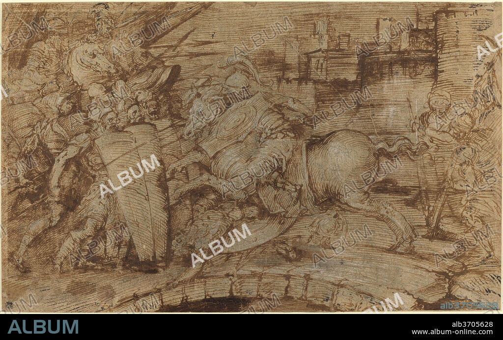 ITALIAN 16TH CENTURY OR MASTER OF THE VICTORIA AND ALBERT DIABLERIES. Horatius Cocles Defending Rome. Dated: 16th century. Dimensions: overall: 24.9 x 40 cm (9 13/16 x 15 3/4 in.). Medium: pen and brown ink with white heightening over black chalk.