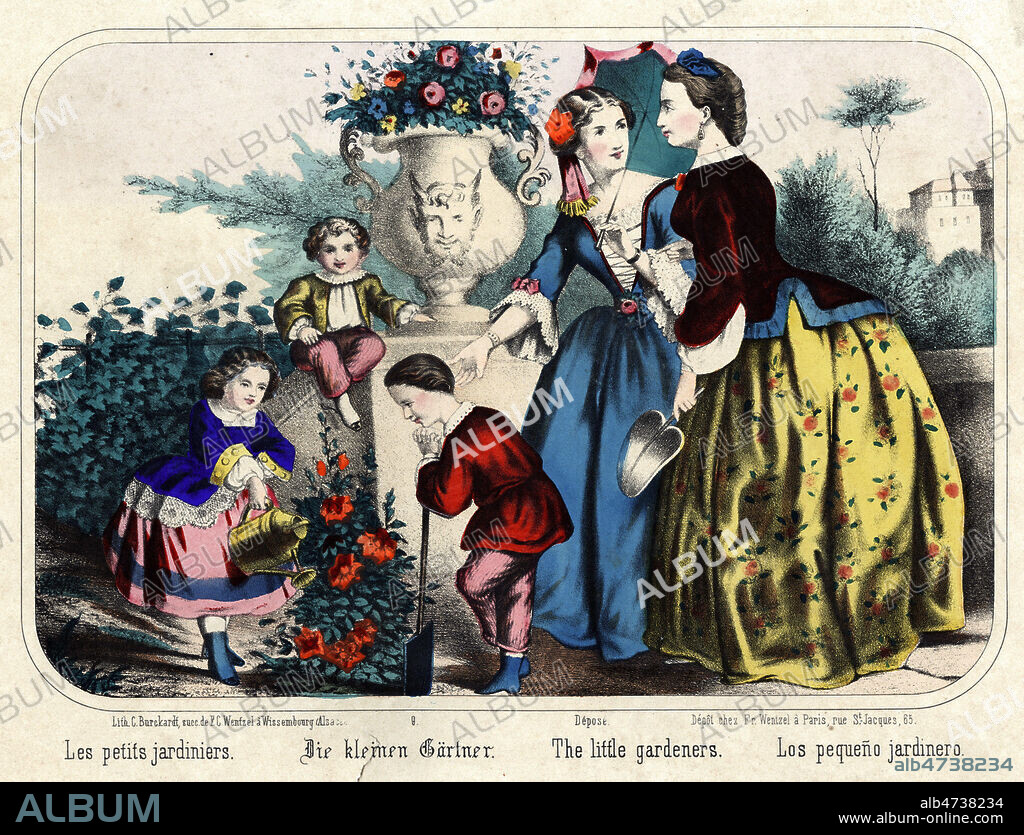 Les petits jardiniers. Deux mamans et trois enfants dans un jardin. Illustration anonyme pour une imagerie de Wissembourg vers 1880. 19eme siecle. Credit : Collection IM/KHARBINE-TAPABOR.