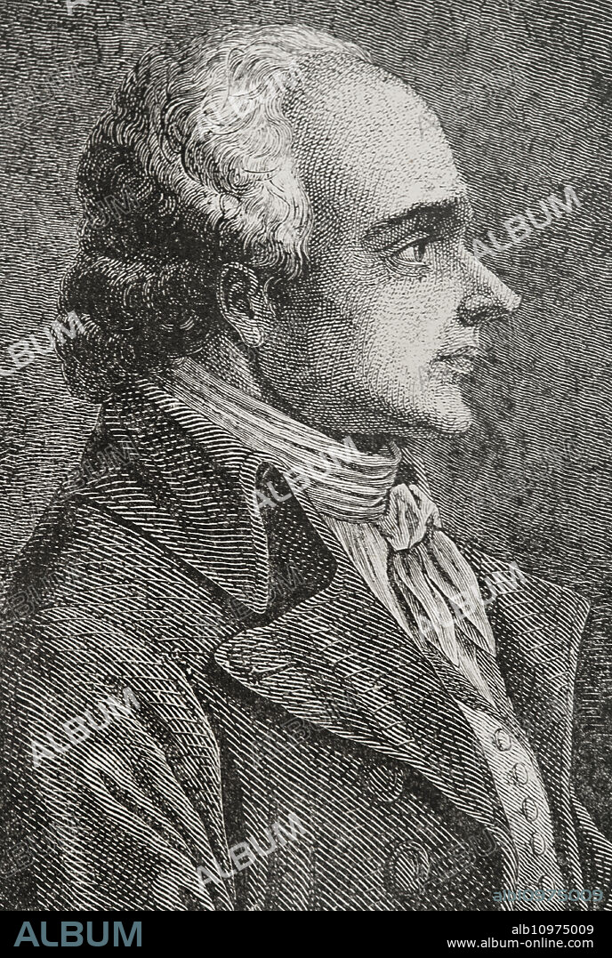 Jean-Denis Lanjuinais (1753-1827). Político, abogado, jurista, periodista e historiador francés. Fue elegido miembro de la Convención Nacional en septiembre de 1792. Perteneció al Club Bretón, dirigiendo ataques constantemente a La Montaña. Retrato. Grabado por Rambert. "Historia de la Revolución Francesa". Tomo I, 1876.