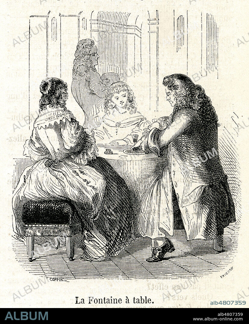 Jean de LA FONTAINE (1621-1695) a table. Illustration de Edmond COPPIN (19 s.) pour le Musee des Familles de novembre 1848. Credit : Collection Jonas/Kharbine-Tapabor.