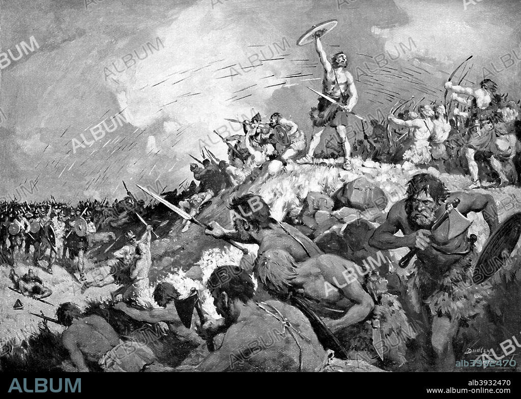 Battle of Mons Badonicus, c500 AD, (c1920). At the Battle of Mons Badonicus (or Mount Badon) Romano-British and Celts defeated invading Anglo-Saxons. Illustration from Story of the British Nation, Volume I, by Walter Hutchinson, (London, c1920s).