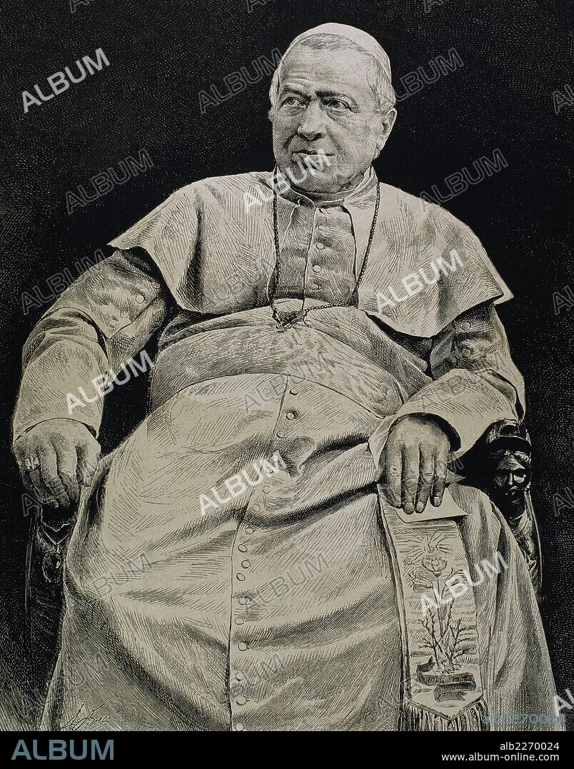 PIO IX (Senigallia,1792-Roma,1878). Papa italiano, de nombre Giovanni Maria Mastai-Ferretti. Elegido en 1846, era cardenal (1832) y obispo de Imola (1832), después de haberlo sido de Spoleto (1827). Convocó el Concilio Vaticano I (1869-70). Su pontificado es el más largo de la historia. Grabado por A. Bea.