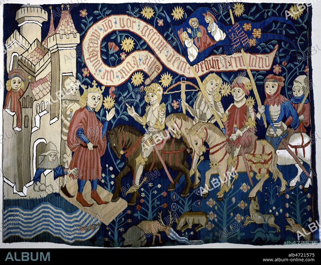 Arrivee de JEANNE D'ARC (1412-1431) a Chinon, ou elle rencontre CHARLES VII (1403-1461). Tapisserie allemande realisee vers 1430 et conservee au musee historique d'Orleans (XVe, 15e, 15eme s.). Credit : Collection JEAN VIGNE / Kharbine-Tapabor.