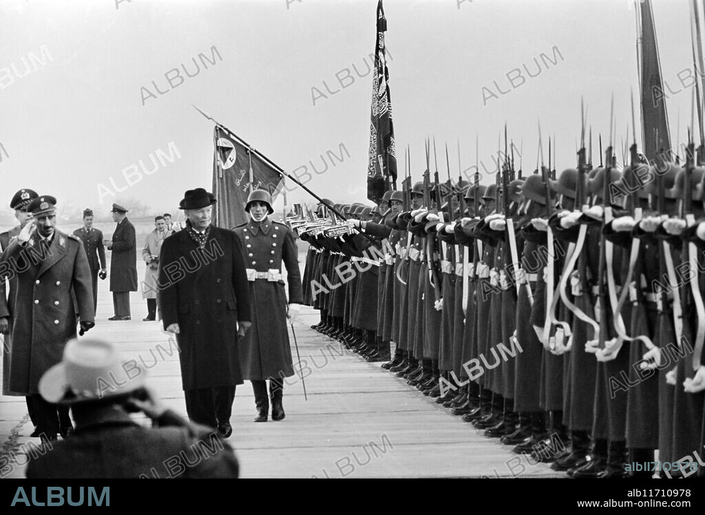 U.S. President Dwight Eisenhower, reviewing Afghan troops with King Zahir Shah to his left, Kabul, Afghanistan, Thomas J. O'Halloran, U.S. News & World Report Magazine Photograph Collection, December 1959. (Photo by: GHI/Universal History Archive/Universal Images Group via Getty Images).