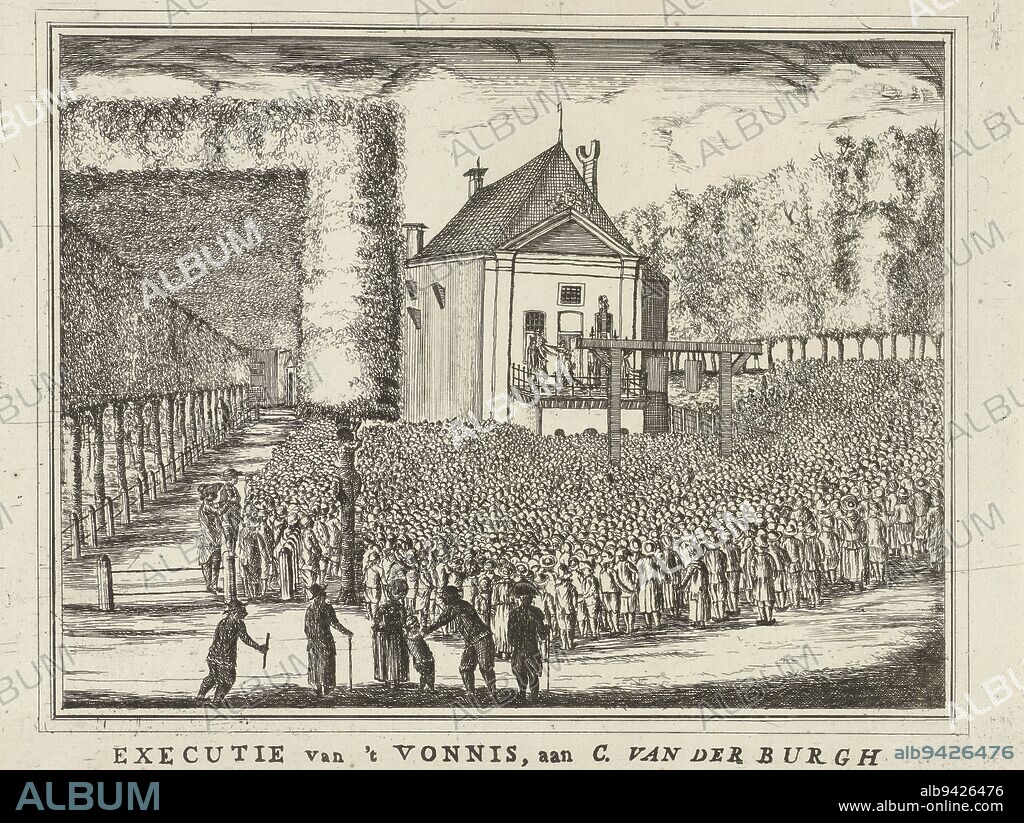 Execution of Cornelis van der Burg, mayor of Bolsward, in Leeuwarden on 16 May 1789. In front of the scaffold a large crowd of spectators. When the mayor kneels blindfolded on the scaffold the executioner holds the sword over his head and the death sentence is commuted to banishment for twenty years, Execution of Cornelis van den Burgh, 1789 Execution of 't Verdict, to C. van der Burgh Burgemeester der Stad Bolswerd &c.. &c., within Leeuwarden, den 16 May 1789 (title on object), print maker: Rienk Jelgerhuis, Leeuwarden, 1789 - 1791, paper, etching, h 226 mm × w 286 mm.