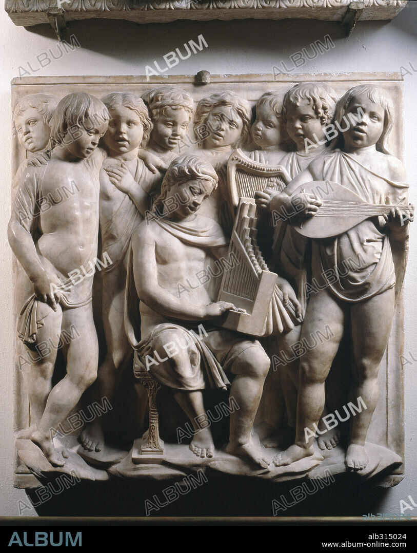 LUCA DELLA ROBBIA. La cantoria or children and putti playing lute portative organ and harp, Marble relief.