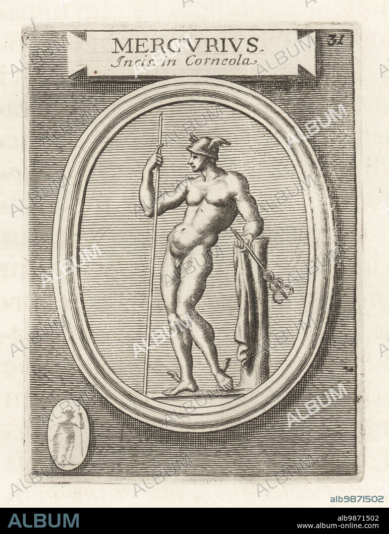 Roman god Mercury with caduceus, staff, winged petasos hat and winged feet. In Etruscan religion, messenger god and god of trade Turms. Roman Mercury, Greek Hermes. From an engraved cornelian gem. Mercurius Incis. in Corneola. Copperplate engraving from Francesco Valesio, Antonio Gori and Ridolfino Venutis Academia Etrusca, Museum Cortonense in quo Vetera Monumenta, (Etruscan Academy or Museum of Cortona), Faustus Amideus, Rome, 1750.