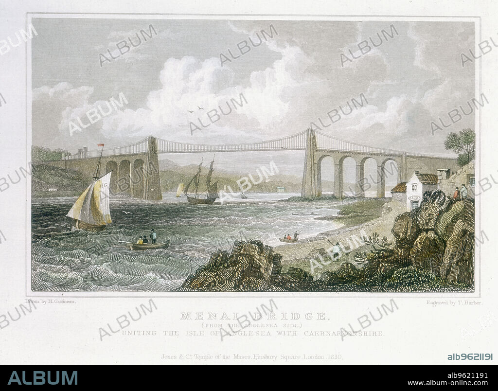 THOMAS BARBER. 'Menai Bridge (from the Anglesea Side)', 1830. Thomas Telford's suspension bridge over the Menai Straits was built in 1820-1826. It was built to carry the London/Holyhead road used for transporting mails between Dublin and London. The bridge's original timber deck was wrecked in a storm in 1839. In 1940 the chains were renewed with high tensile steel.
