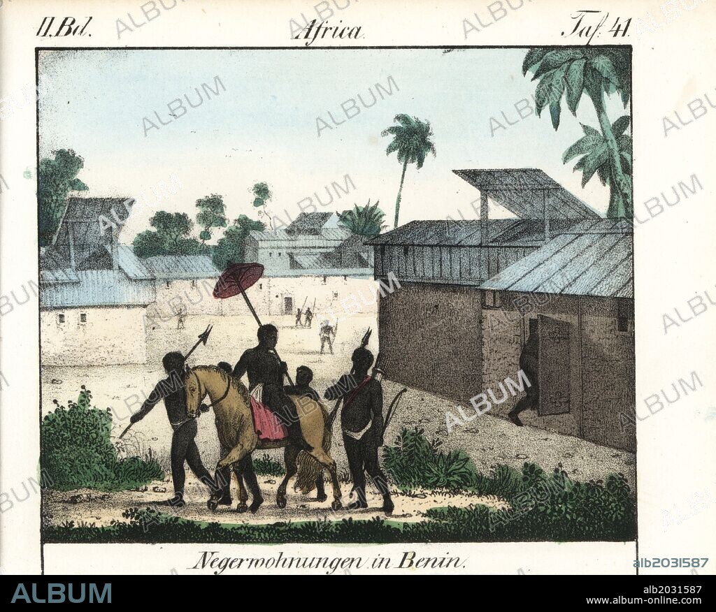 Native town in Benin, Africa. Handcoloured lithograph from Friedrich Wilhelm Goedsche's "Vollstaendige Völkergallerie in getreuen Abbildungen" (Complete Gallery of Peoples in True Pictures), Meissen, circa 1835-1840. Goedsche (1785-1863) was a German writer, bookseller and publisher in Meissen. Many of the illustrations were adapted from Bertuch's "Bilderbuch fur Kinder" and others.
