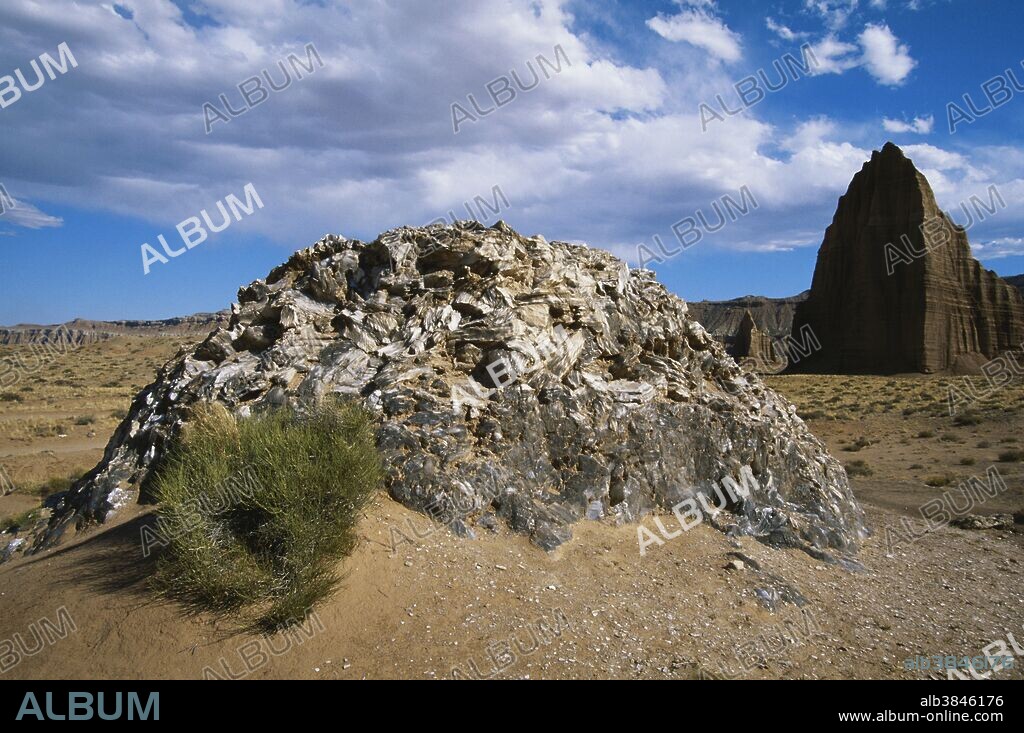 Glass Mountain (a gypsum dome) and the Temple of the Sun in Capitol Reef National Park, Utah.
