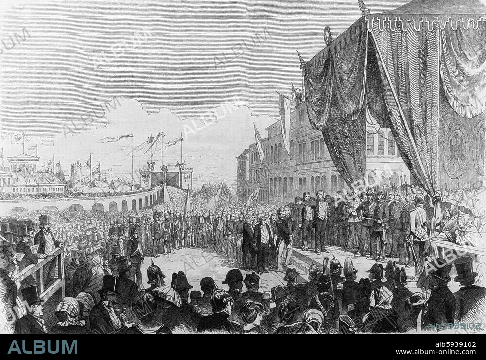 Köln, Hohenzollernbrücke. "Die Einweihung und Eröffnung der stehenden Rheinbrücke bei Köln am 3. Oktober" (1859). Holzstich nach Zeichnung von Christian Sell (1831-1883). Aus: Illustrirte Zeitung, 33. Bd., Nr. 851, Leipzig, 22. Oktober 1859, S. 267. Berlin, Sammlung Archiv für Kunst und Geschichte.