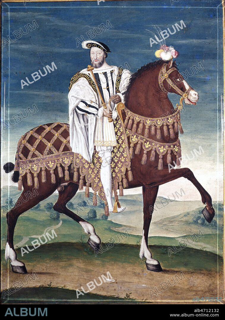 FRANCOIS 1ER (1494-1547) a cheval. Peinture de l'Ecole francaise du 16eme s (XVIe, 16e s.) conservee au Musee Conde a Chantilly. Credit : Collection JEAN VIGNE / KHARBINE-TAPABOR.