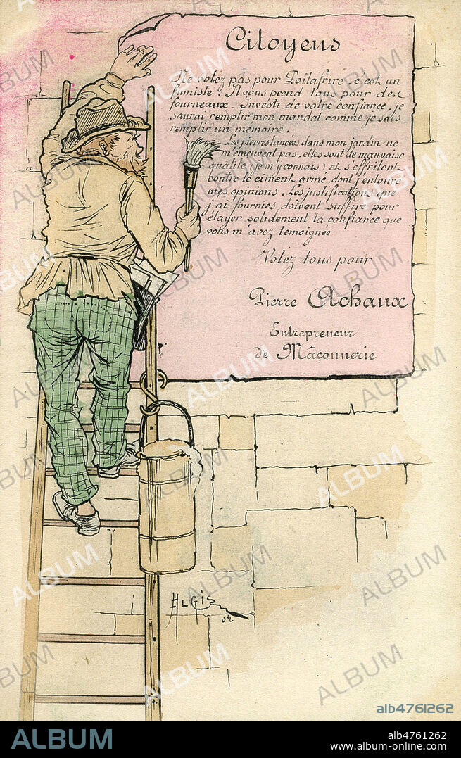 'Citoyens, ne votez pas pour Poilafrire, c'est un fumiste' : parodie d'affiche electorale. Illustration par ALGIS pour une carte postale de 1902. Credit : Collection IM/KHARBINE-TAPABOR.