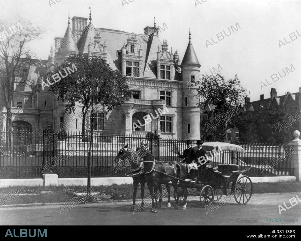 The Charles M. Schwab House (also called Riverside) was an extravagant, 75 room mansion located on Riverside Drive between West 73rd and West 74th Streets, on the Upper West Side in New York City. It was constructed for steel magnate Charles M. Schwab and was the grandest and most ambitious house ever built on the island of Manhattan. The home was considered by many to be the classic example of a "white elephant", as it was built on the "wrong" side of Central Park away from the more fashionable Upper East Side. It took four years to build the home (1902-1906) at a cost of six million dollars. By 1947 the house was empty and in 1948 it was replaced by a large, red-brick apartment complex, called the "Schwab House." The Gilded Age mansions were built in the United States in a short historic period spanning between the 1870s until about 1900. Raised by the nation's industrial, financial and commercial elite who amassed great fortunes coinciding with an era of expansion of the railroads, steel and fossil fuels industries, economic, technical and scientific progress, and a complete lack of personal income tax. This made possible the very rich to build mansions designed by prominent architects of its day and decorated with antiquities, furnitures, collectibles and works of art, many imported from Europe. No photographer credited, 1905.