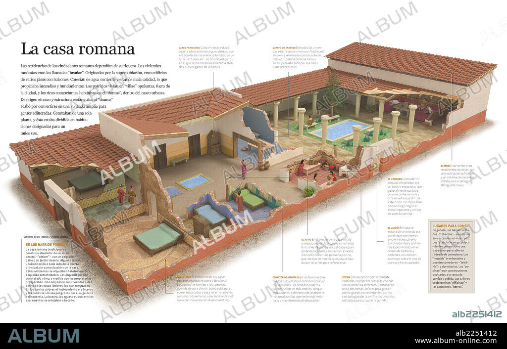 La casa romana. Infografía que explica los diferentes tipos de vivienda romana según la clase social y se centra en el domus, propia de los comerciantes adinerados.