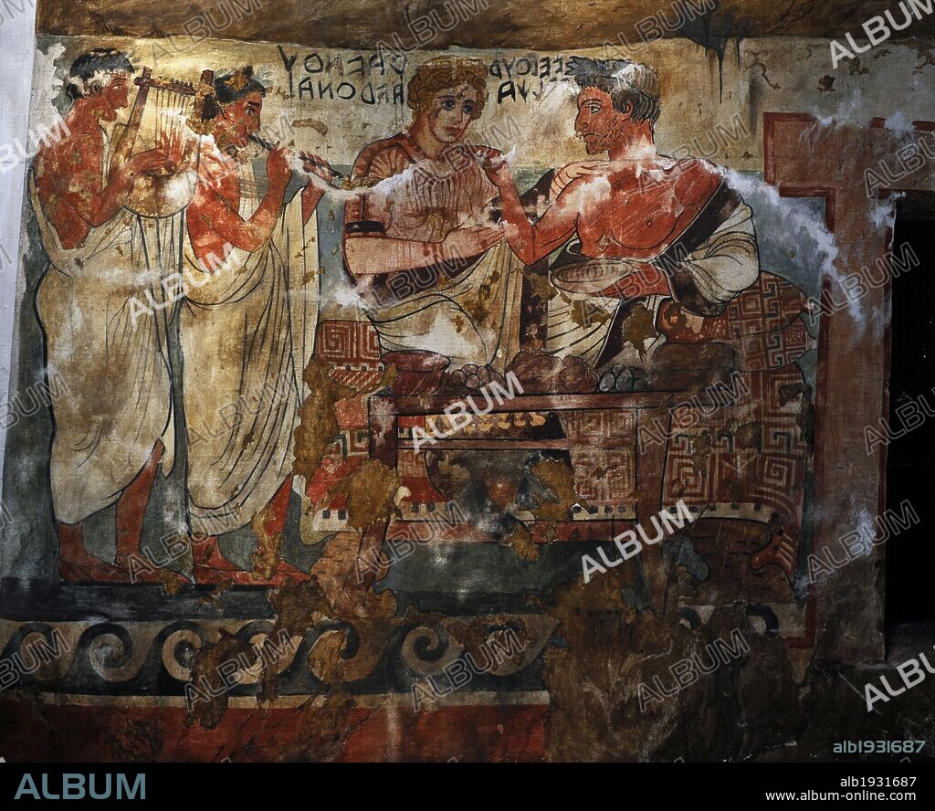 Etruscan Art. Copy of Etruscan wall painting. Tempera on canvas 1900. Tomb of the Shields. Tarquinia, Italy c. 350 BC.  Velhur Velcha and his wife, Ravnthu Aprthnei. Ny Carlsberg Glyptotek. Denmark.