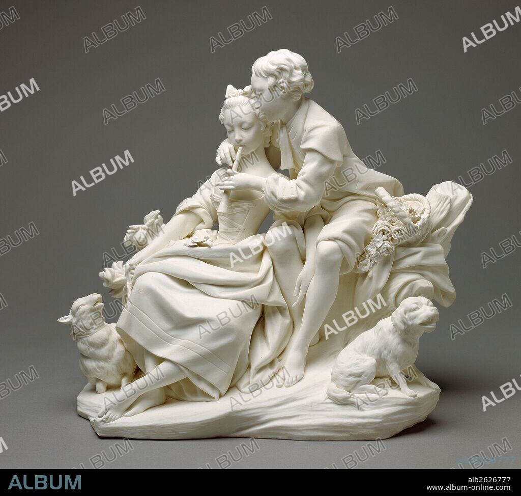Figure Group: The Flute Lesson (Le Flûteur) (one of a pair); Sèvres Manufactory, French, active 1756 - present, Modelled under the direction of Étienne-Maurice Falconet, French, 1716 - 1791, After engraved designs of François Boucher, French, 1703 - 1770; Sèvres, France, Europe; about 1757 - 1766; Soft-paste biscuit porcelain; traces of red pigment; Object: H: 22.3 x W: 25.4 x D: 15.2 cm (8 3/4 x 10 x 6 in.).
