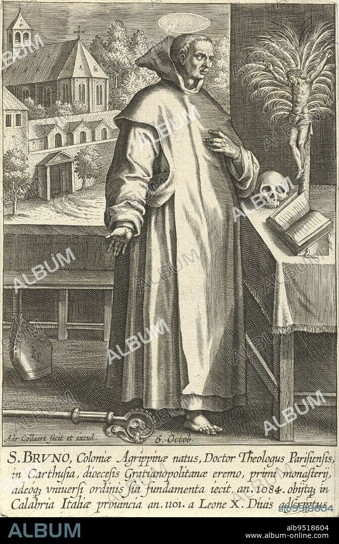 Saint Bruno wears a monk's habit and stands before an altar with a crucifix and a Bible. On the ground a bishop's mitre and a bishop's staff. In the background a monastery of the Carthusian order he founded. The print has a Latin caption. The print is part of a series with founders of monasteries and religious orders, Saint Bruno Founders of monasteries and religious orders (series title) Ordinvm Religiosorvum conditores (series title), print maker: Adriaen Collaert, (mentioned on object), Adriaen Collaert, publisher: Adriaen Collaert, (mentioned on object), Antwerp, 1608, paper, engraving, w 106 mm × h 160 mm.