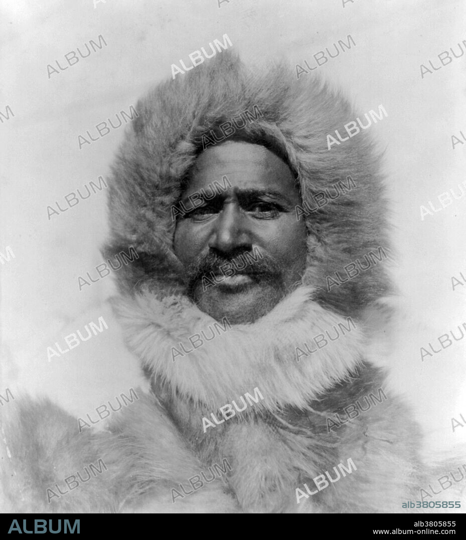 Henson wearing fur hat and fur coat, circa 1910. Matthew Alexander Henson (August 8, 1866 - March 9, 1955) was an African-American explorer. At the age of twelve he went to sea as a cabin boy, educating himself and becoming a skilled navigator. He met Commander Peary in 1887 and joined him on an expedition to Nicaragua. Impressed with Henson's seamanship, Peary recruited him. They made many trips together, including Arctic voyages in which Henson traded with the Inuit, mastered their language, built sleds, and trained dog teams. In 1909, Peary mounted his eighth attempt to reach the North Pole, selecting Henson to be one of the team of six who would make the final run to the Pole. He sent Henson on ahead as a scout. "I was in the lead that had overshot the mark a couple of miles. We went back then and I could see that my footprints were the first at the spot." Henson then proceeded to plant the American flag. Although Admiral Peary received many honors, Henson was largely ignored and spent most of the next thirty years working as a clerk in a federal customs house in New York. In 1944 Congress awarded him a duplicate of the silver medal given to Peary. He died in 1955 at the age of 88.