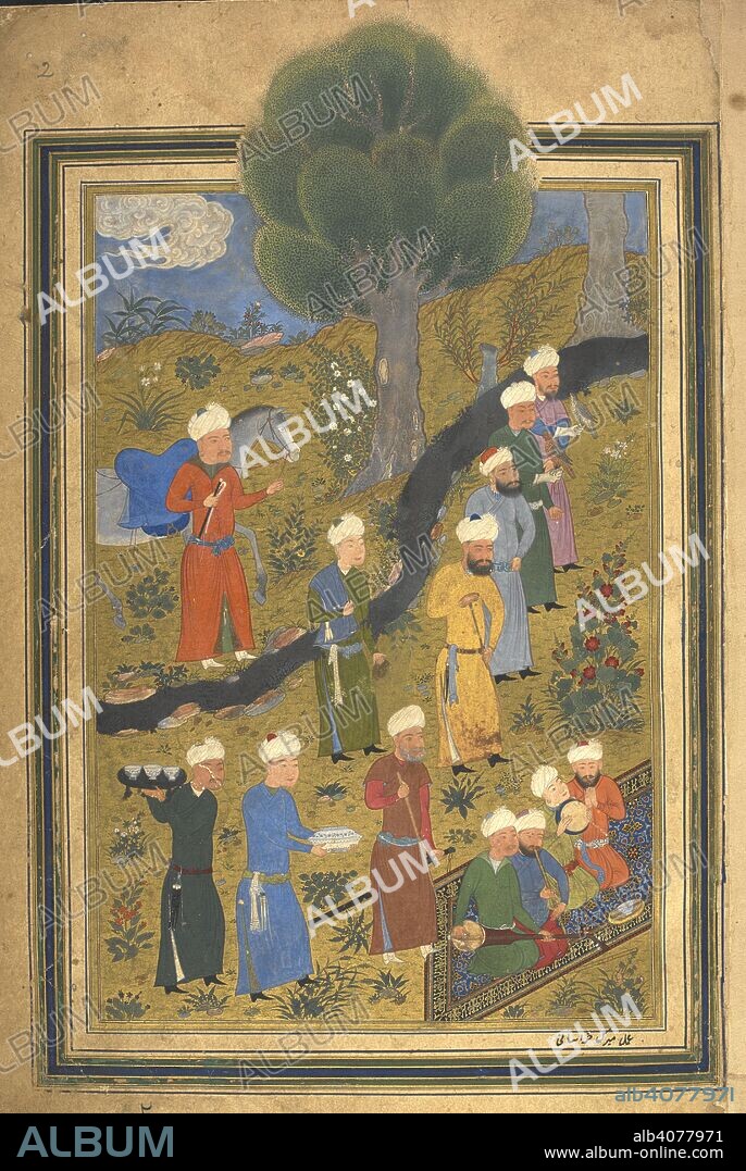 NIZAMI and ANON. The manuscript being presented to Sultan Mirza Barlas, ruler of Samarkand. Khamsa. ('Five Poems'), by Nizami. Herat, 1494-1495. Opaque watercolour. Source: Or. 6810, f.2. Language: Persian.