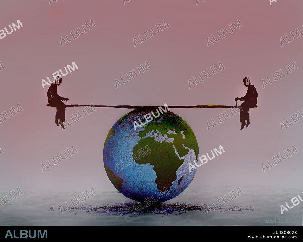 Men balanced on seesaw over globe.