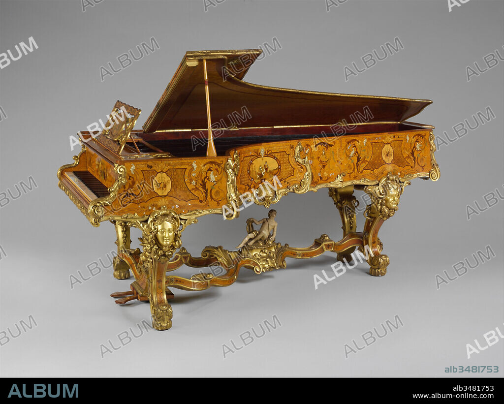 Grand Pianoforte, ca. 1840, London, England, United Kingdom, British, Satinwood veneer, oak, spruce, iron, steel, ebony, ivory, gilding, mother-of-pearl, holly, mahogany, burl walnut, tulipwood, silver wire, Height (Total): 37 1/2 in. (95.3 cm), Chordophone-Zither-struck-piano, This piano, featuring an extraordinary marquetry satinwood case designed by George Henry Blake, is one of the most elaborately decorated instruments of the nineteenth century. It was commissioned from the London branch of the distinguished French firm of Érard by Thomas Henry Foley, Baron of Kidderminster, for Witley Court, his residence near Herefordshire and Worcestershire.
