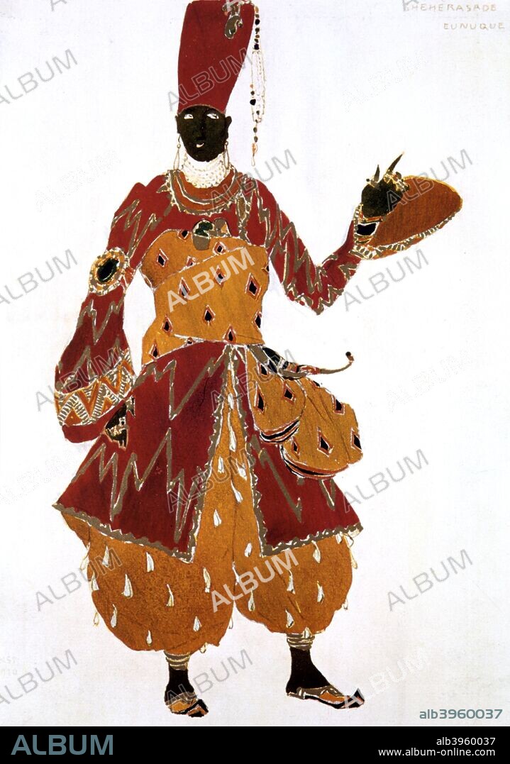Eunuch costume design for the ballet Scheherazade, 1910. Published in L'Art Decoratif de Leon Bakst. (Paris, 1913). From a private collection.