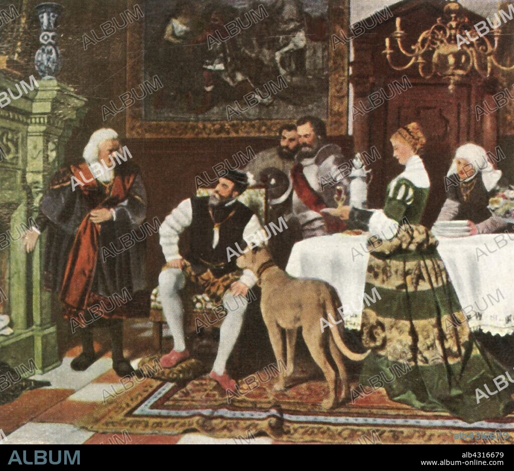 Emperor Charles V with the Fuggers in Augsburg, 1530, (1936). 'Kaiser Karl V. Bei Fugger in Augsburg, 1530'. German businessman, mining entrepreneur and banker Jakob Fugger (1459-1525) was influential in 16th-century politics. Here he burns papers in the fireplace, cancelling the debts of Spanish king Charles V (1500-1558). From "Bilder Deutscher Geschichte", (Pictures of German History), No.12, cigarette card album. [Cigaretten-Bilderdienst, Altona-Bahrenfeld, Hamburg, Germany, 1936].